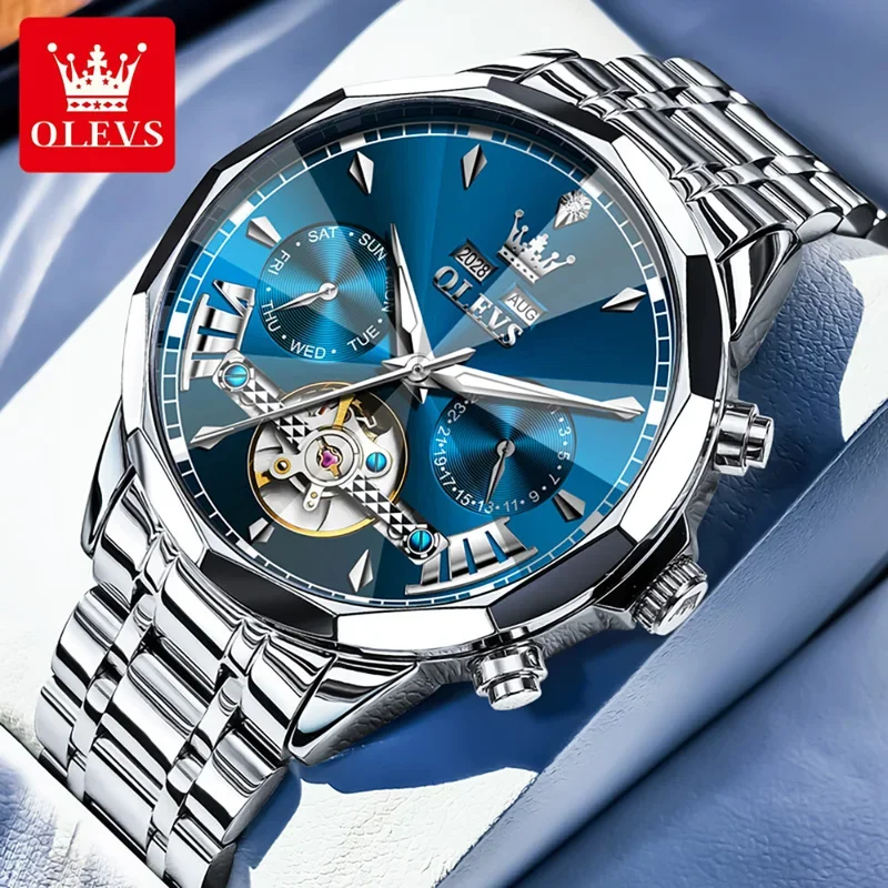 OLEVSBrand Skeleton Waterproof Men's automatic Mechanical Watch Prismatic Dial Stainless steel Luminous Male Wristwatch 6619