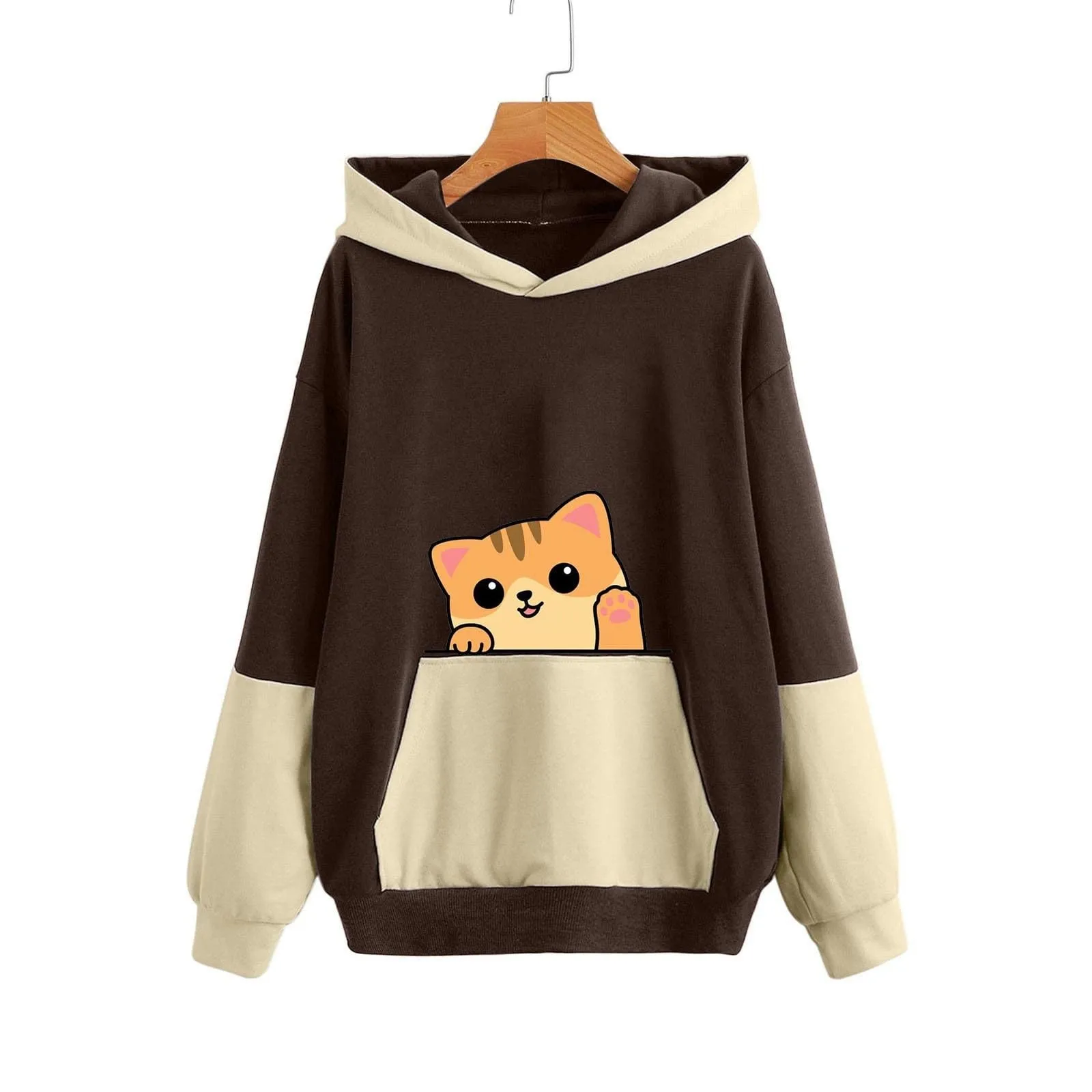 

2023 New худи Women's Colorblock Cute Cat Print Hoodie Fall Hoodie Sweatshirt sudaderas con capucha roupas femininas