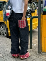 American retro plaid patchwork rolled edge women jeans high street Harajuku loose wide leg straight leg men and women pants - Image 3