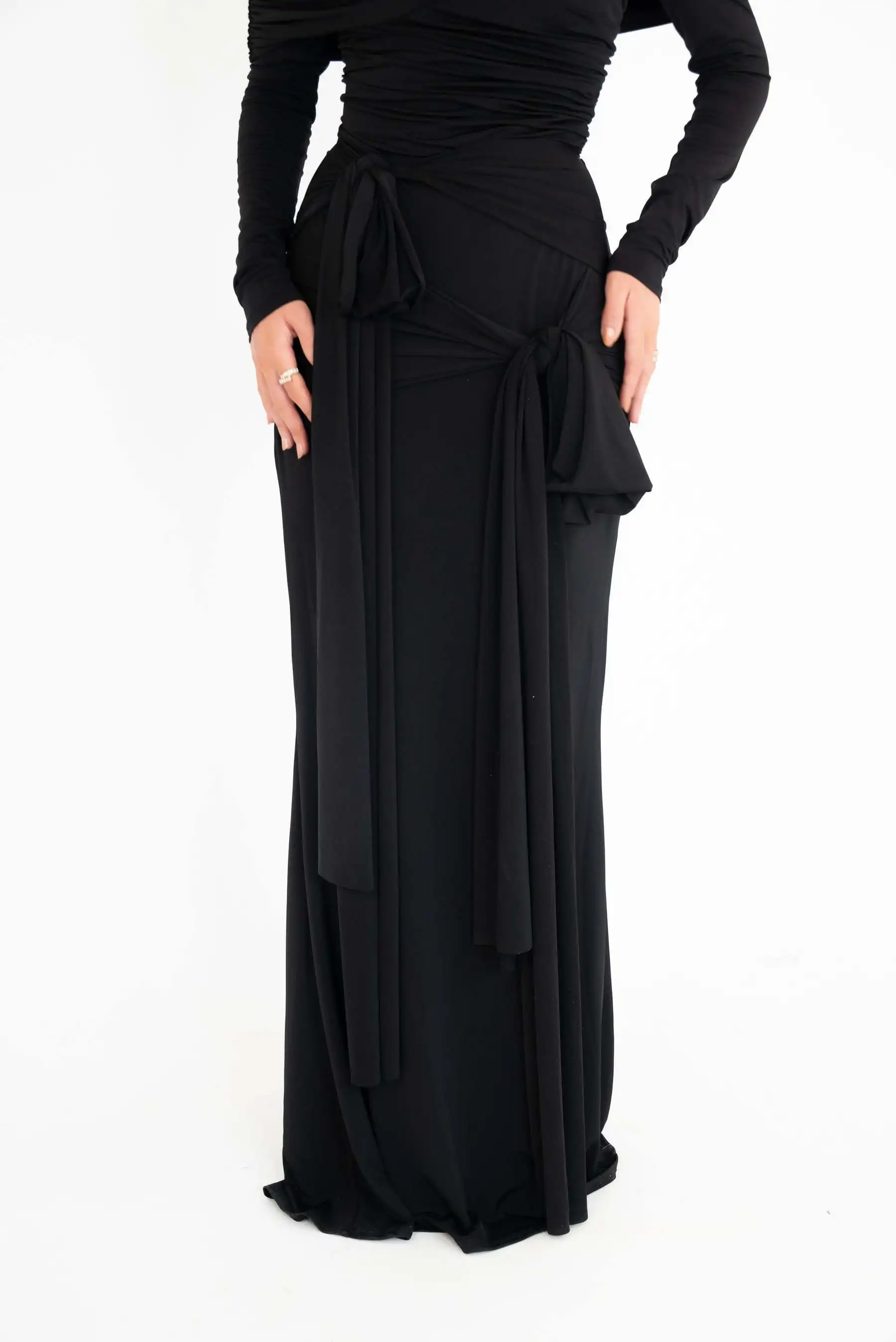 Elegant Long Sleeved Stretch Tight Bow Pleated Evening Dress Women Sexy Backless Bodycon Party Autumn Winter Vestido