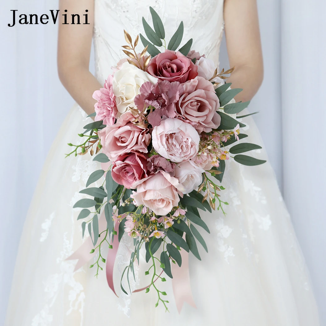 

JaneVini Vintage Dusty Pink Rose Waterfall Wedding Bouquet Artificial Silk Flower Cascading Bridal Bouquet Ramos De Flores Novia