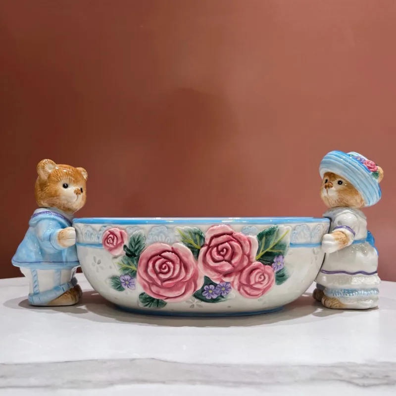 

Couple Teddy Bear Fruit Tray Creative Living Room Snack Plates Cartoon Ceramic Dim Sum Dish Exquisite And Practical Salad Bowl