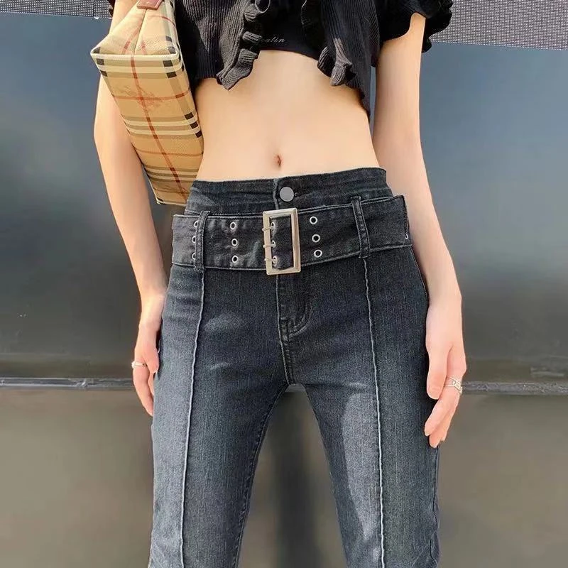 cargo pants Retro Flared Pants Women Belt Distressed Loose And Thin Casual Wide-legged Long Pants Fashion Trousers Women Jeans Plus Size gap jeans