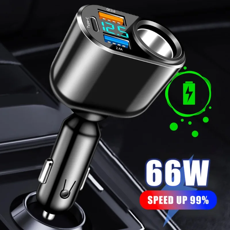 

Car Super Fast Charger QC3.0 Digital Charger Dual USB Power Adapter Car Cigarette Lighter Socket Type-C Blue LED Digital Display