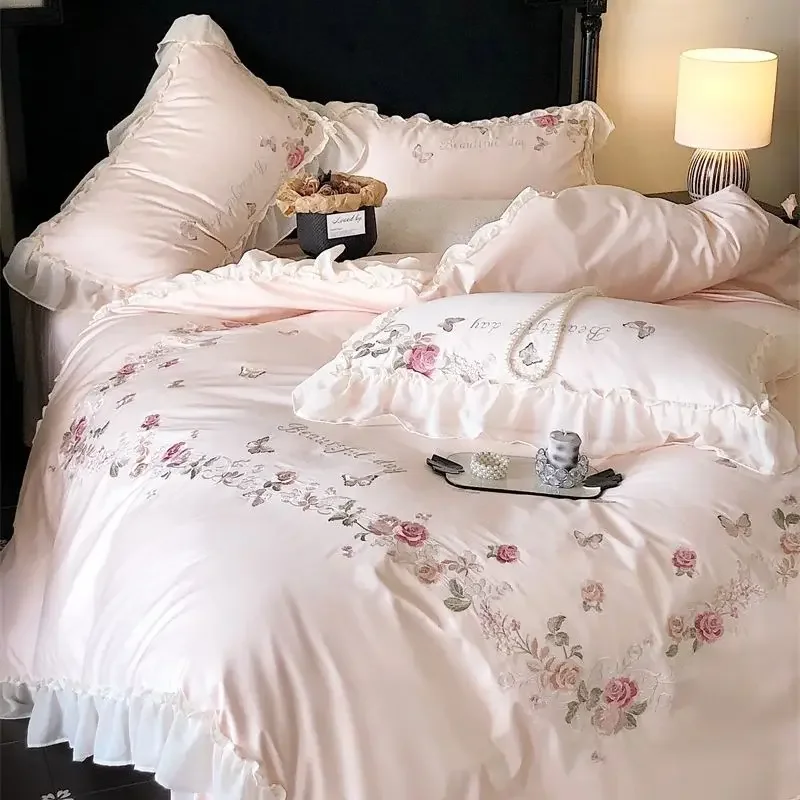 Flowers Butterfly Embroidery Lace Ruffles Bedding Set 1000TC Egyptian Cotton Duvet Cover Bed Sheet/Fitted Sheet Pillowcases 4Pcs