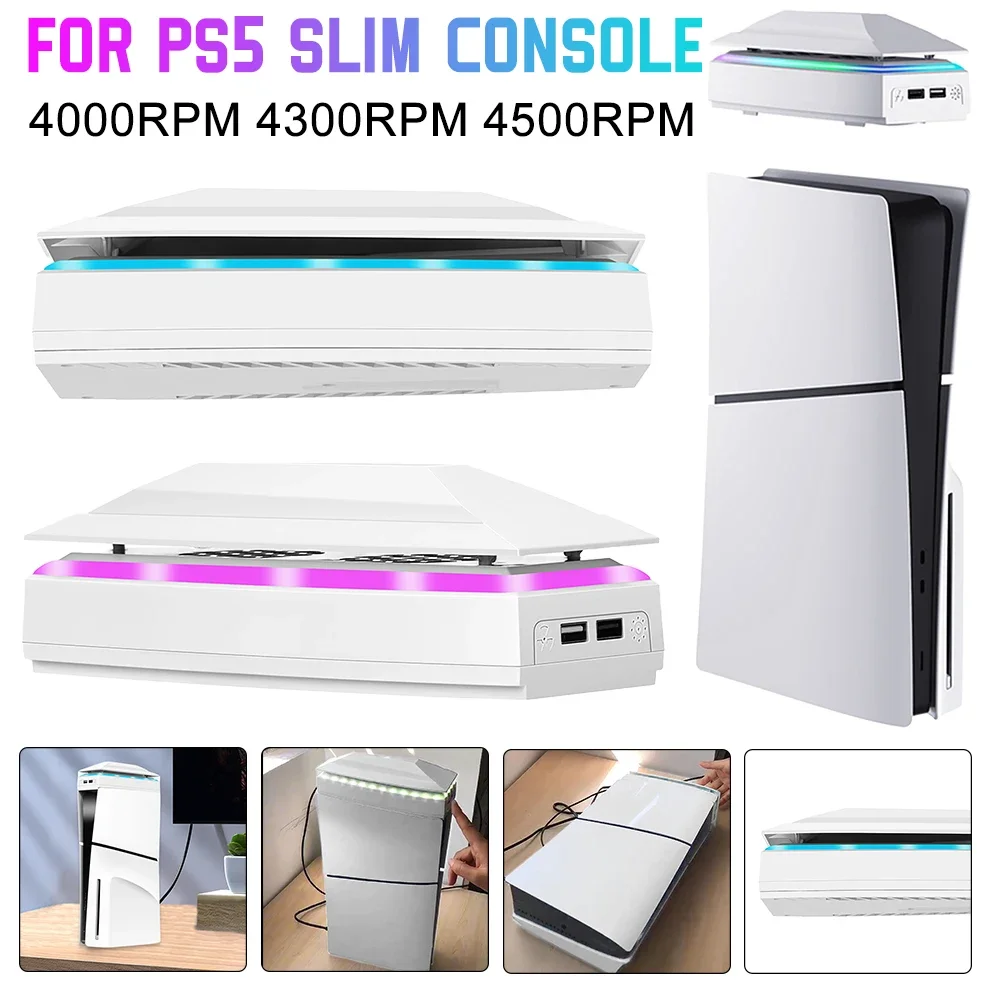 PS5 슬림 냉각 선풍기 4000 4300 4500RPM 고속, 먼지 커버 포함, 다채로운 LED 라이트, 2 USB 포트 RGB, 플레이스테이션 5 슬림용