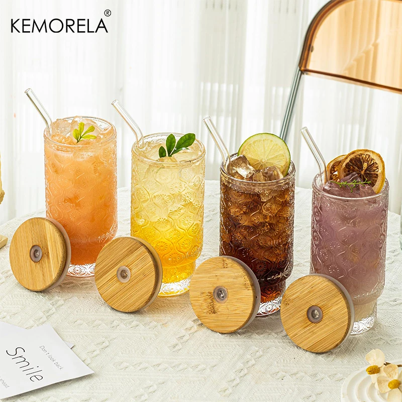 4PCS Begonia Flowers Glass 16oz Clear Embossed Glass Cup With Bamboo Lids And Straws Romantic Stackable Glasses For Juice Beer