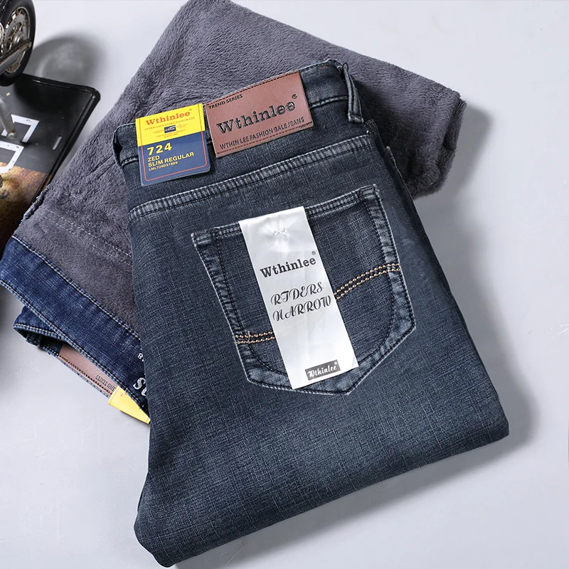 

Classic Brand Men Fleece Warm Jeans Business Fashion Winter Plush Thick Denim Trousers Male Elastic Loose Casual Straight Pants