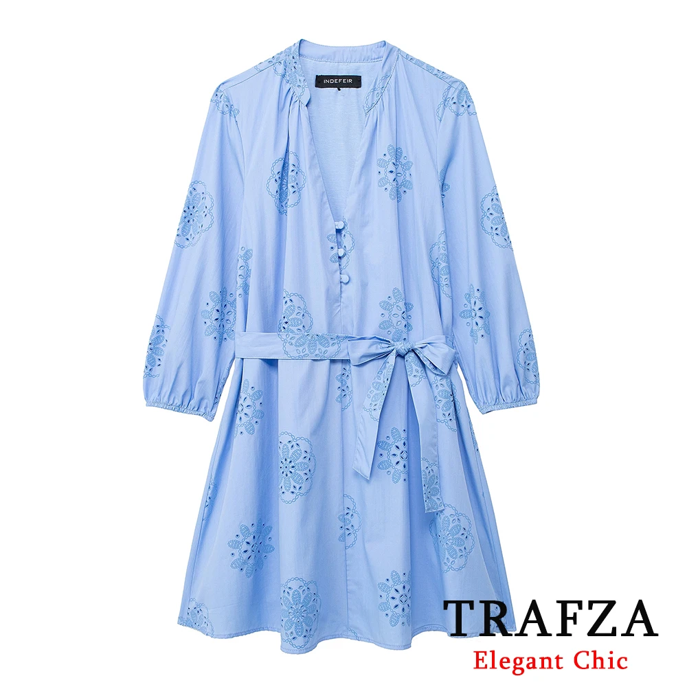 

TRAFZA Elegant Casual Mini Dress Women's V-Neck Embroidery Poplin Dress New 2024 Spring Summer Fasion Basic OOTD Office Dress
