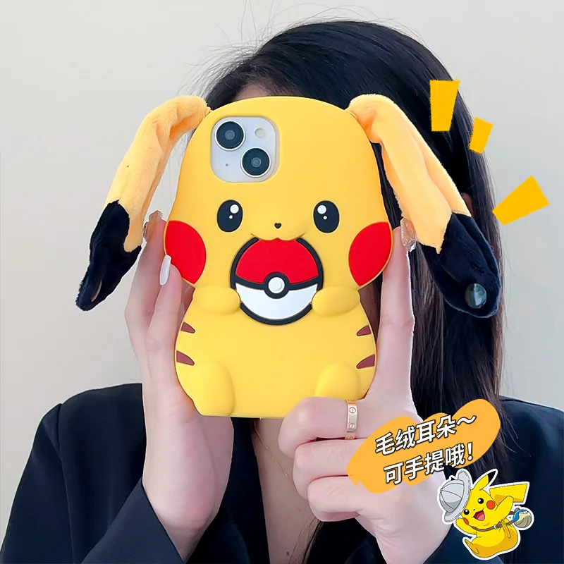 

3D Pikachus silicone soft shell plush ears cartoon Phone Cases For iPhone 15 14 13 12 11 Pro Max Back Cover