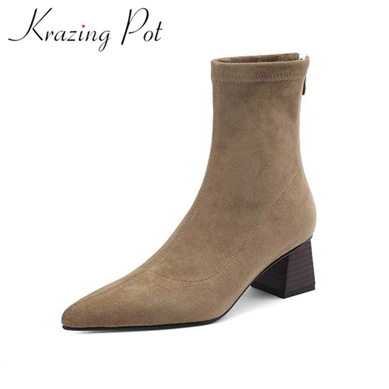 

Krazing Pot Flock New Med Heels Pointed Toe Winter Keep Warm Stretch Boots Gorgeous Zipper Street Wear Autumn Dating Ankle Boots