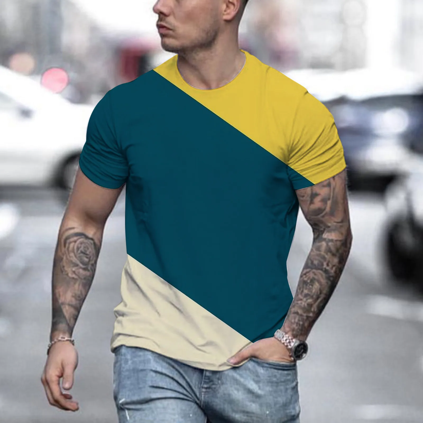 

Men'S T-Shirts Youth Stylish Color Contrast Crewneck Short Sleeve Tee Tops Summer Hawaiian Casual Retro Comfort Streetwear