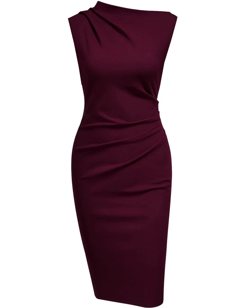 Women Sleeveless Ruched Vintage Slim Work Office Cocktail Party Knee Length Sheath Bodycon Pencil Slim Dress 4
