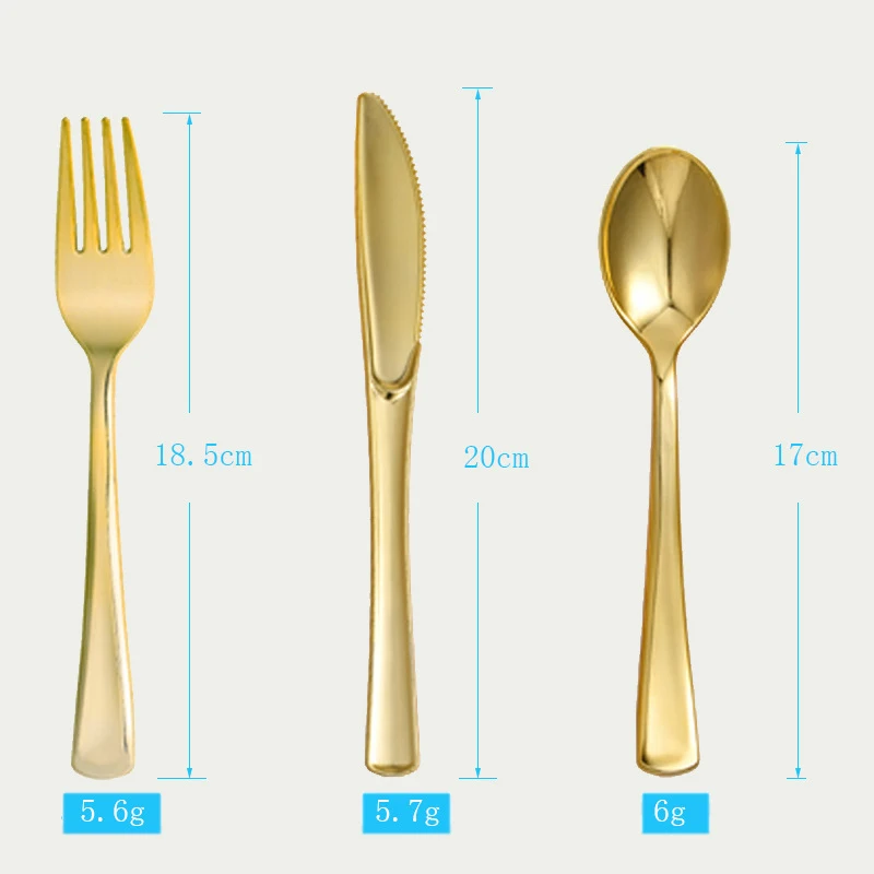 Description Picture 4 of item10pcs Electroplated Gold Plastic Knife Fork Spoon Birthday Party Disposable Knife Fork Spoon Tableware