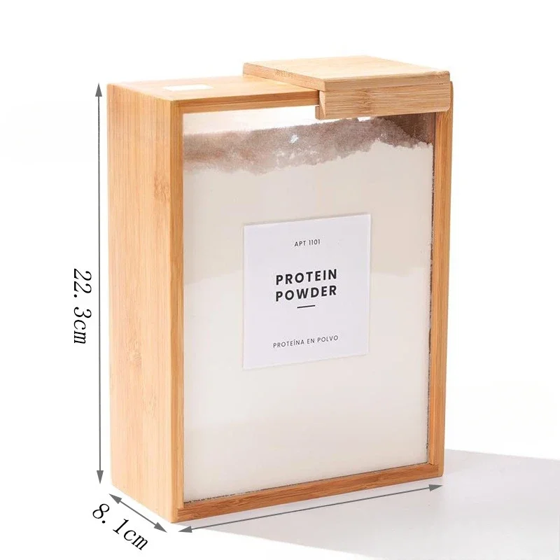 Bamboo Wooden Grain Storage Box Airtight Square Kitchen Pantry Organizer Transparent Food Container for Rice Cereal Dry Goods 6