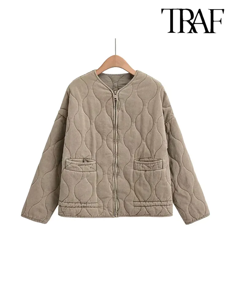 

TRAF Women 2023 Winter Fashion Pocket Warm Cotton Coat Vintage Long Sleeve Zipper Female Outerwear Tops