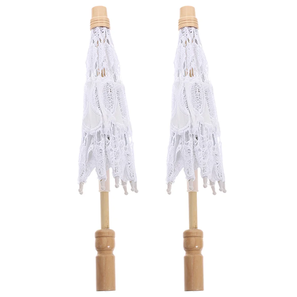 

2 Pcs Prop Umbrella Wood Handle Parasol Wedding Scene Decor Lace Romantic Tea Party Wooden White Miss Vintage