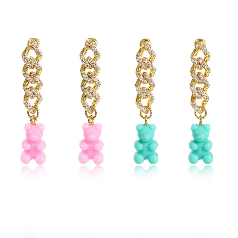 Korean Fashion Kpop Ins Sweet Inlaid Resin Bear Earrings Chain Statement Neon Jewelry Luxury Acrylic Aretes De Mujer