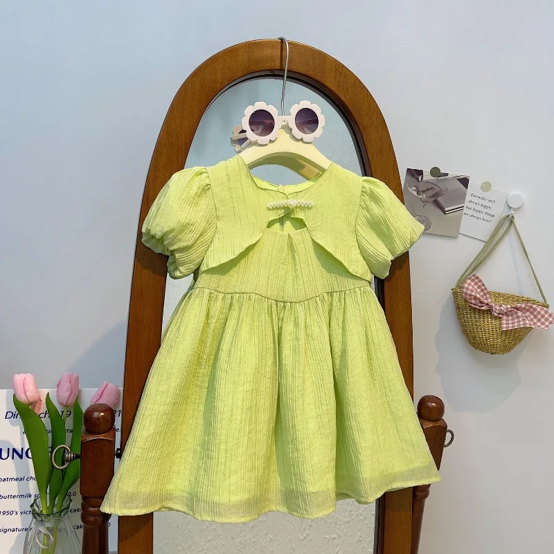 

Girl's Dress Summer New Korean Version of The Girl's Bow Short-sleeved Dress Solid Color Thin Princess Dress