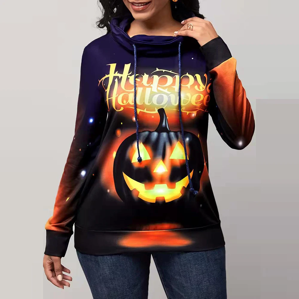 

Pumpkin Print Hoodies Women Autumn Casual Halloween Loose Long Sleeve Sweatshirts Hoodies Pile Collar Drawstring Pullover Tops