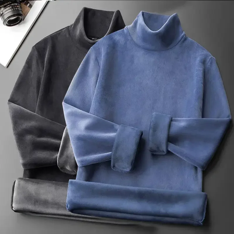 Velvet Insulation High Neck Men's Knitted Bottom Shirt Autumn Winter Plush Thickened T-shirt Top for Women