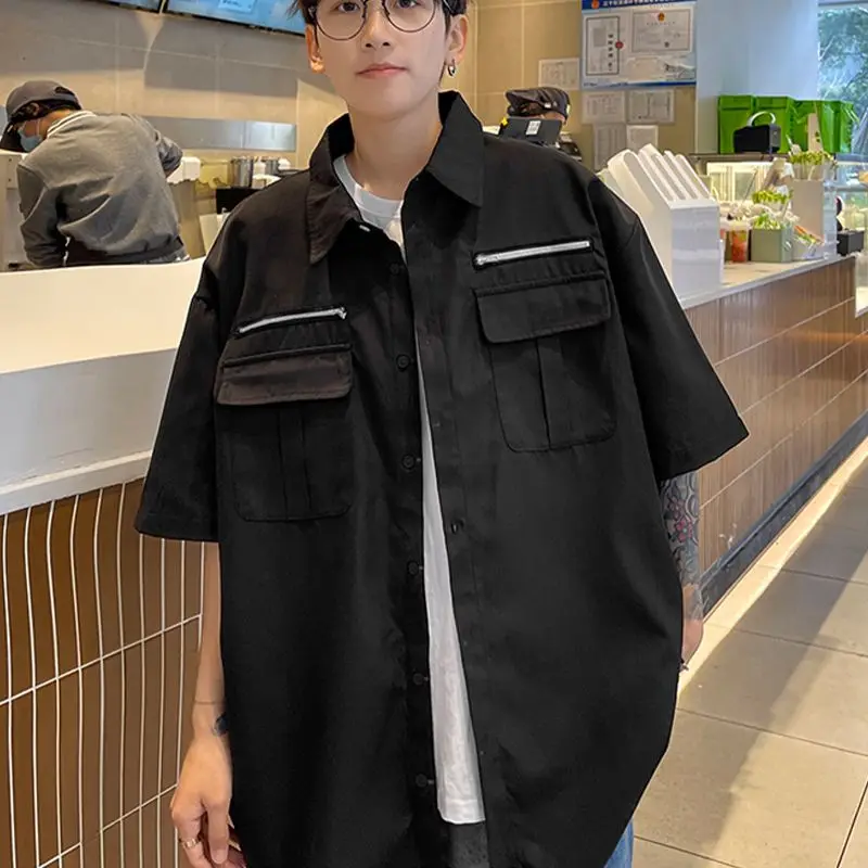 Elegant Fashion Harajuku Slim Fit Ropa Hombre Loose Casual All Match Outerwear Solid Zipper Pockets Button Short Sleeve Blusa