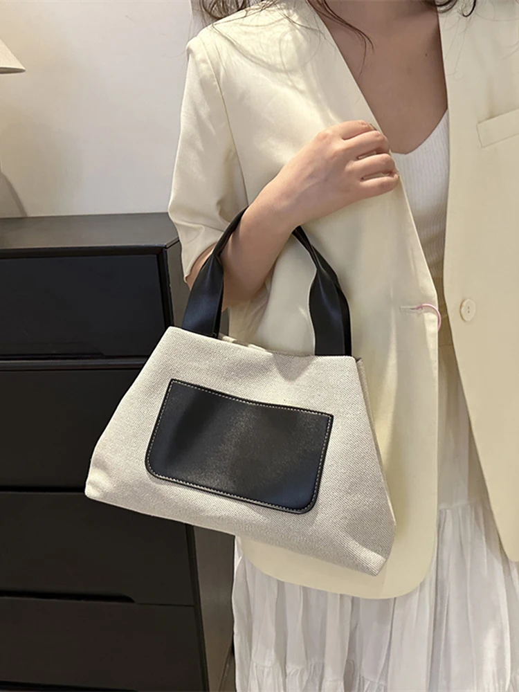 

Сумка-тоут женская из хлопка и льна, простая повседневная Сумочка на плечо в стиле пэчворк, повседневный саквояж контрастных цветов для отдыха и досуга