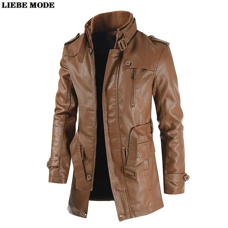 Men's Winter Long Warm Fleece Pu Faux Leather Jacket Men Streetwear