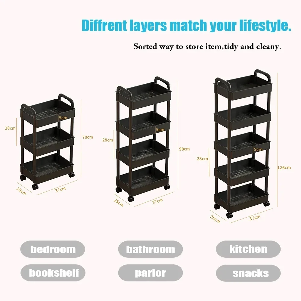 Muti-Tier Rolling Utility Cart Buckets Hooks Book Storage Rack Brakes Easy Assembly Kitchen Office Bathroom storage rack