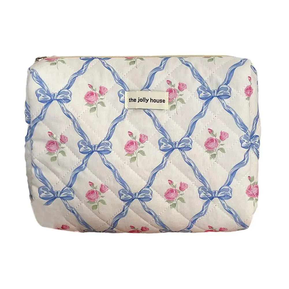 Women Cute Bow Flower Zipper Quilting Cotton Makeup Bag