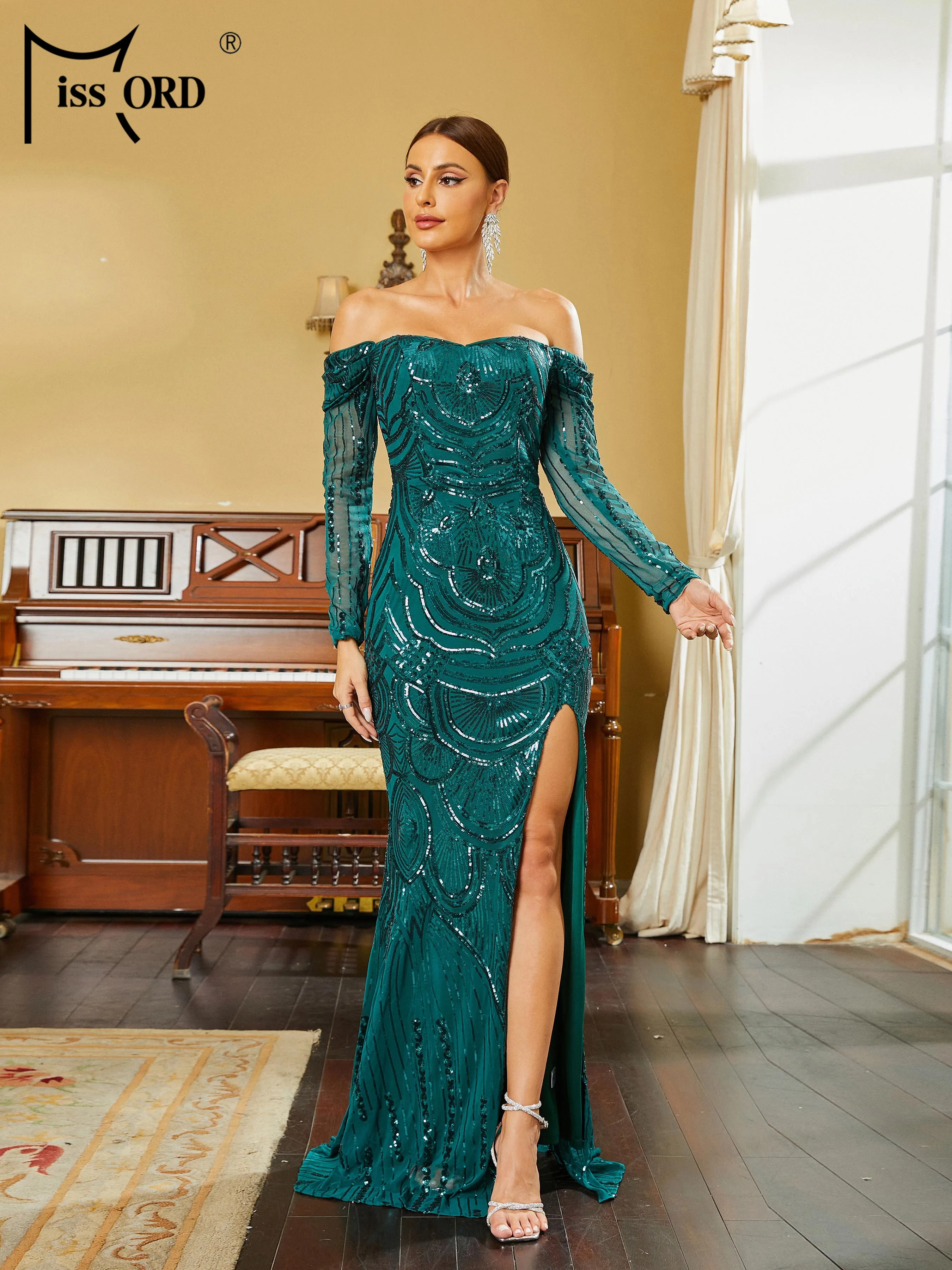 

Missord Sexy Evening Party Dress Women Green Chest Wrapping Off the Shoulder Split Prom Gown Maxi Dresses 2024