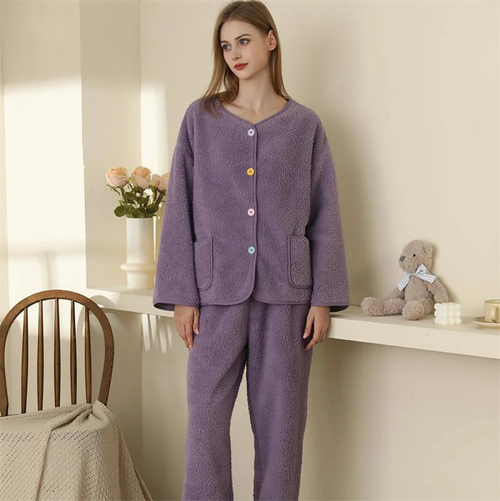 

Однотонный кардиган, Женская пижама с длинными рукавами, Осень-зима, новинка, теплая Домашняя одежда из рисового флиса, 2023, Повседневная простая Женская одежда для сна