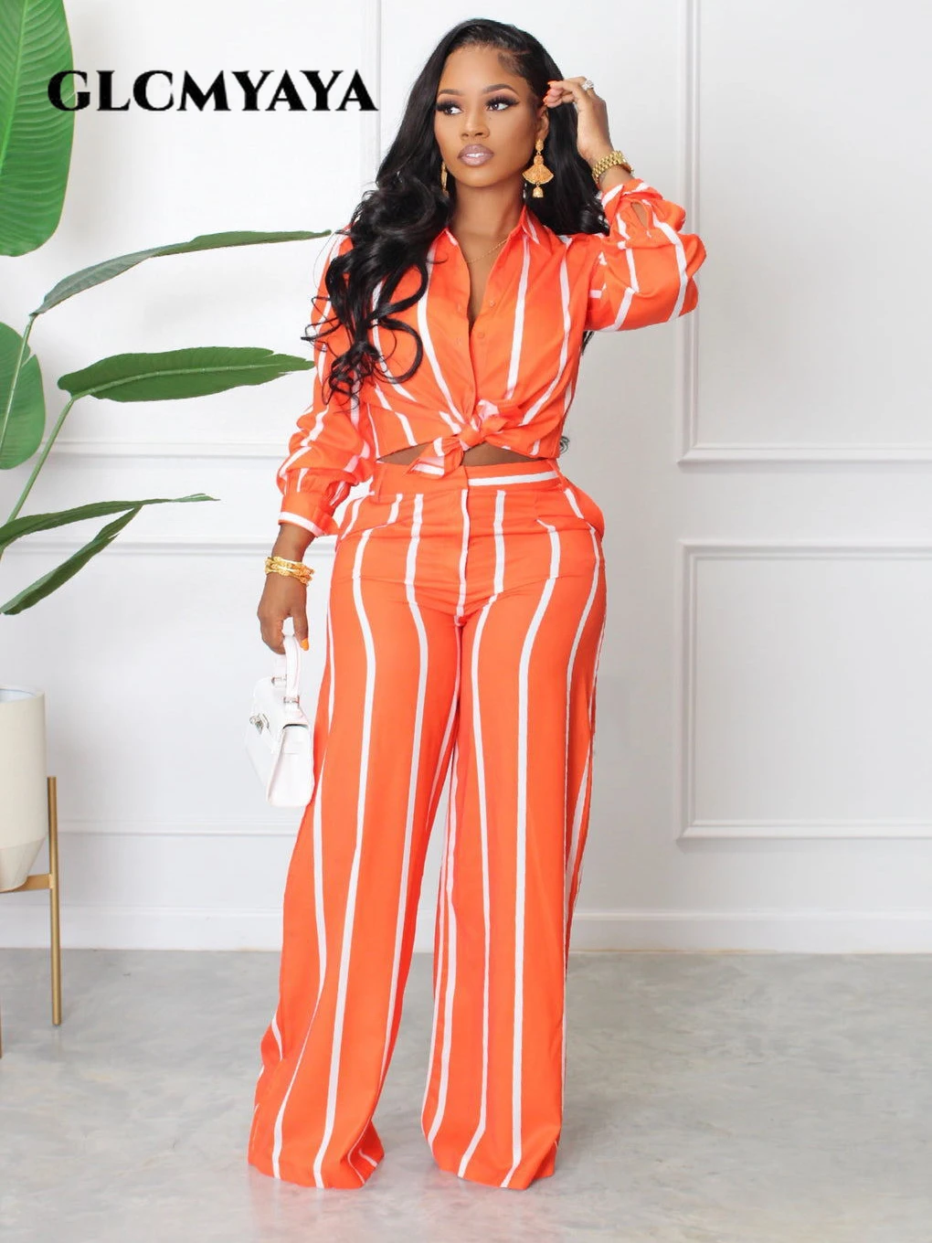 

CM.YAYA Street Striped Women Set Long Sleeve Shirt and Straight Pants Suit Elegant Chic Tracksuit Two Piece Set Fitness Outfit