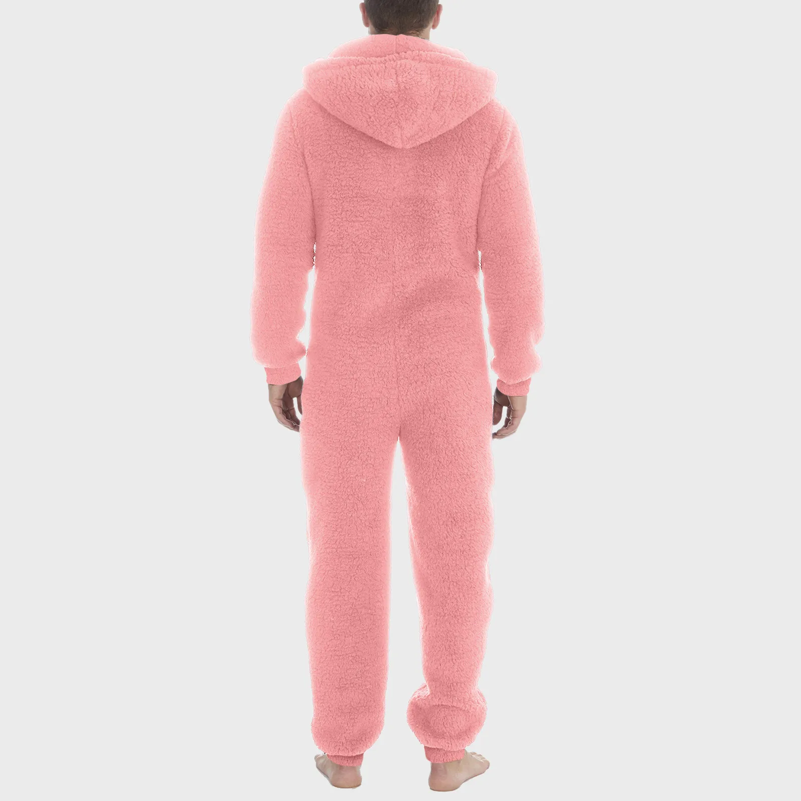 Men Artificial Wool Long Sleeve Casual Solid Color Zipper Loose Hooded Jumpsuit Pajamas Winter Warm Fleece Wear 1 Piece Suit men bodysuits men jumpsuits