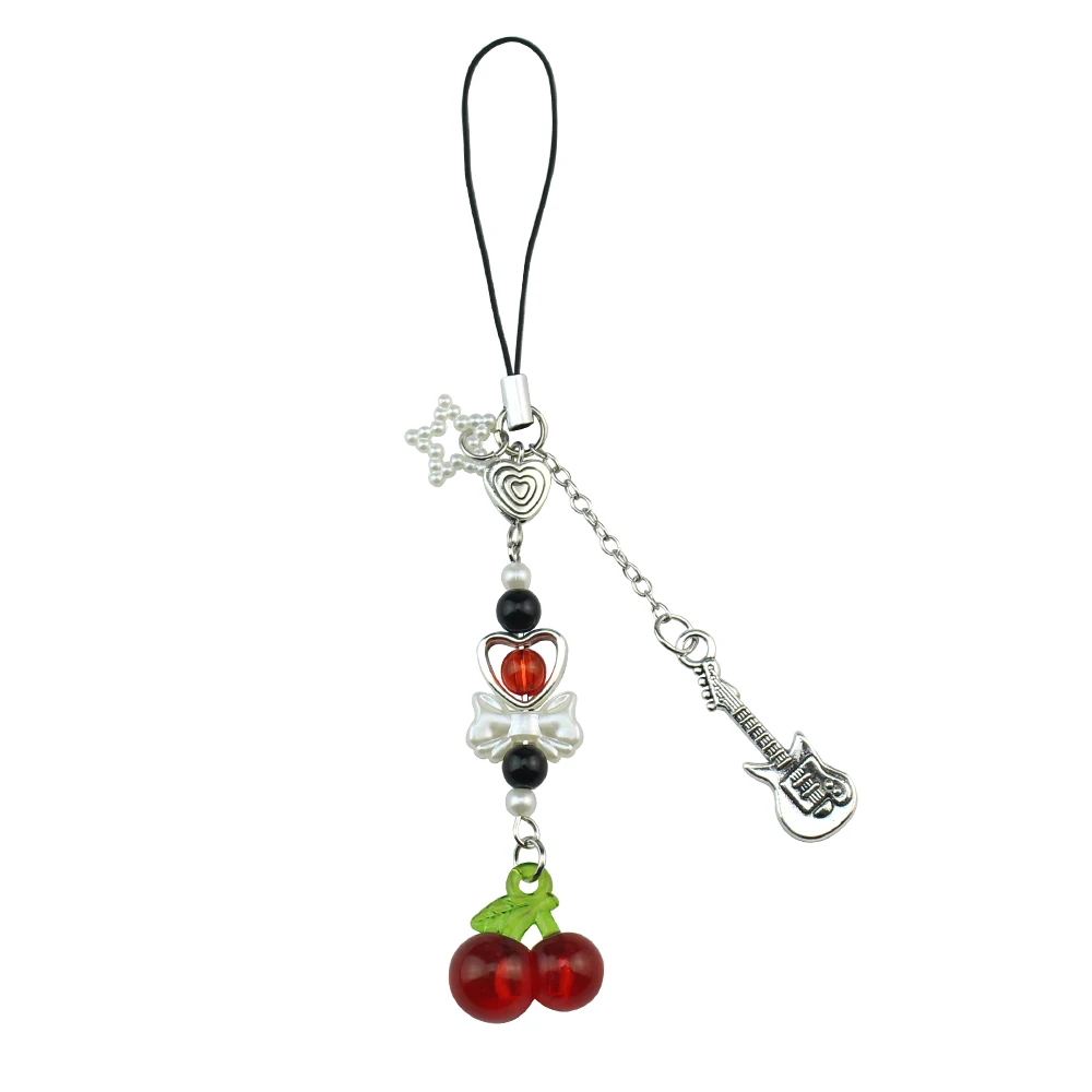 Adorable Strawberry & Cherry Phone Charm with Heart Bow Beads and Guitar Pendant