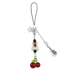 Adorable Strawberry & Cherry Phone Charm with Heart Bow Beads and Guitar Pendant (Cherry - Star)