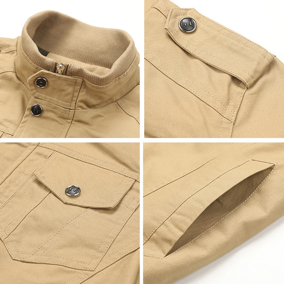 Cargo Jacket Men Fashion Casual Stand Collar Jacket Khaki Coat Spring Autumn Pilot Jackets Male Outerwear