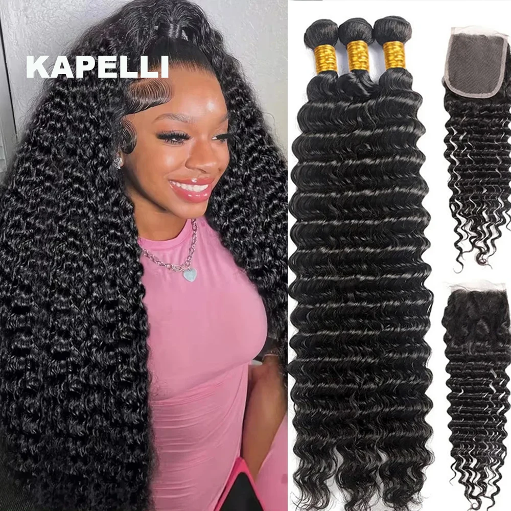 Human Hair Bundles Deep Wave Bundles Human Hair With Closure Curly Brazilian Hair Weave 3/4 Bundles With HD Lace Frontal Closure Extensions human hair bundles