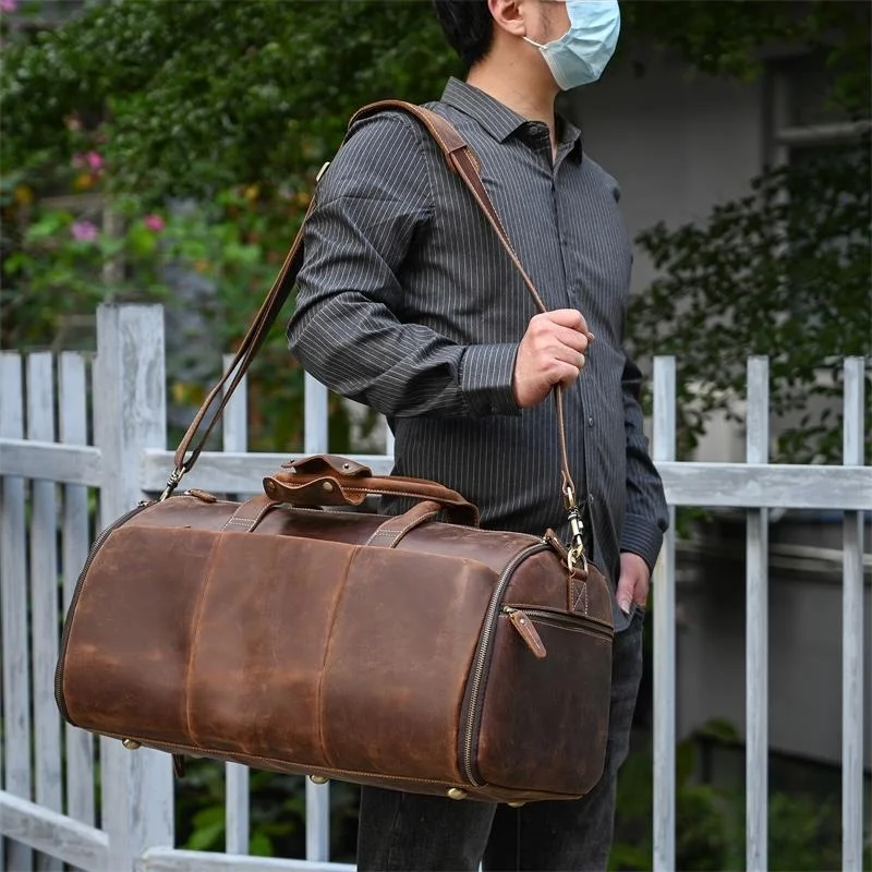 Leather Travel Bag With Shoe Compartment