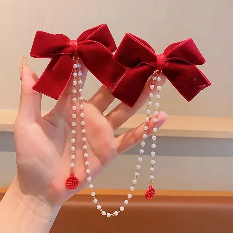 Sweet Princess Style Pink Pearls Chain Bow Hair Clip Women Children's Cute Back Head Hairpins Hair Clips Girls Hair Accessories 6