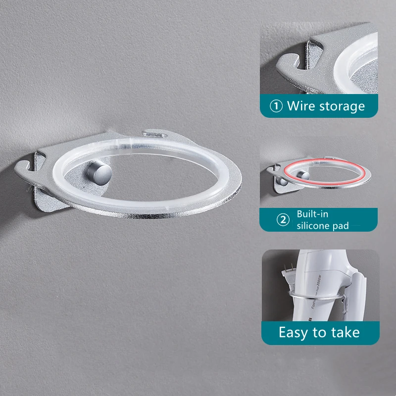 Space Aluminum Wall Mounted Hair Dryer Holder Rack Hanger Home Bathroom Hairdryer Storage Shelf Organizer Hanging Rack 8cm 4