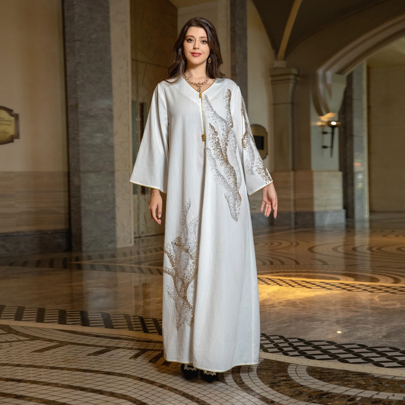 2023 Abaya for Women Dubai Floral Embroidery Luxury Sequined Casual Loose Dress Elegant Muslim Fashion Abaya Kaftan Dress 5