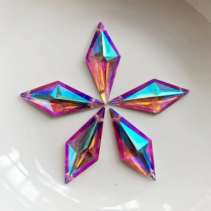 다이아몬드 크리스탈 보석 12x28mm 2 구멍 AB 플랫 백 라인 석 수지 크리스탈 아플리케 마름모 멋진 Strass Stones 드레스 공예-E61