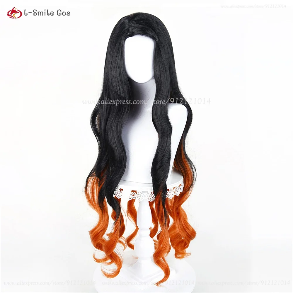 Kamado Nezuko Cosplay Perücke 100cm Gradient Curly Heat Resistant Synthetik Haar Anime Halloween 11