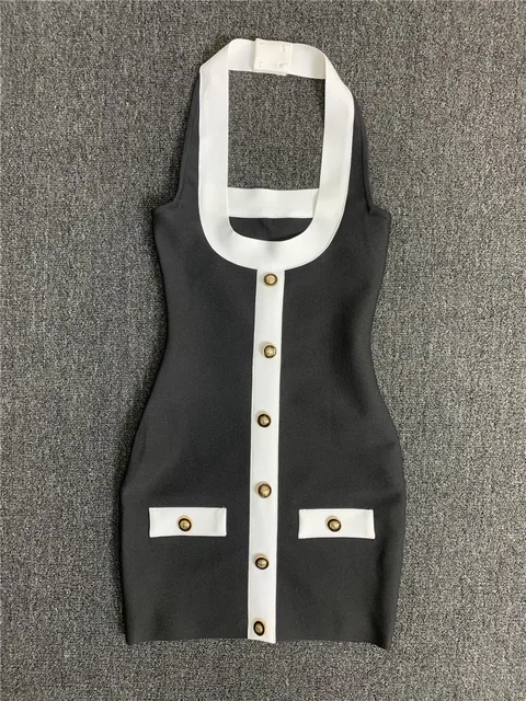Women High Street Black White Bordure Single Breasted Halter Bodycon Mini Bandage Dress Soft And Comfortable Daily Dresses 1