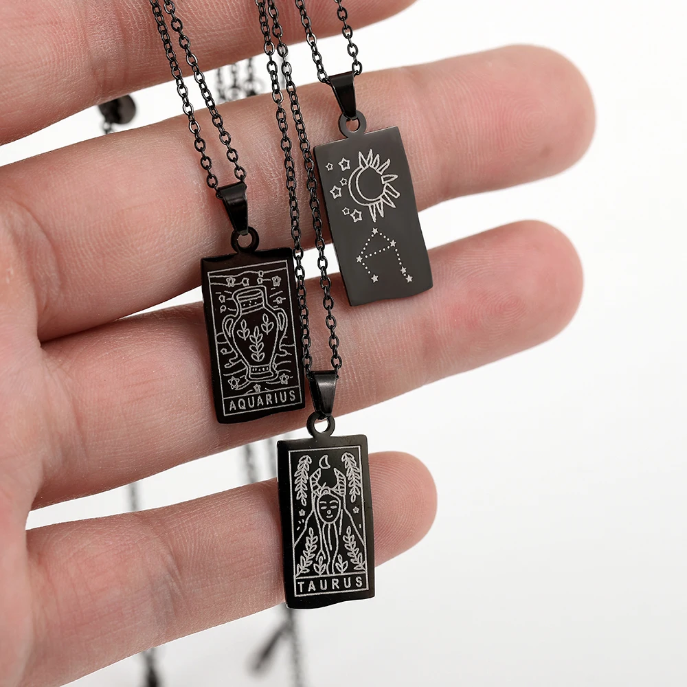 12 Constellations Horoscope Square Pendant Necklace for Women Men Vintage Gold Color Clavicle Chain Choker Collar Birhday Gifts
