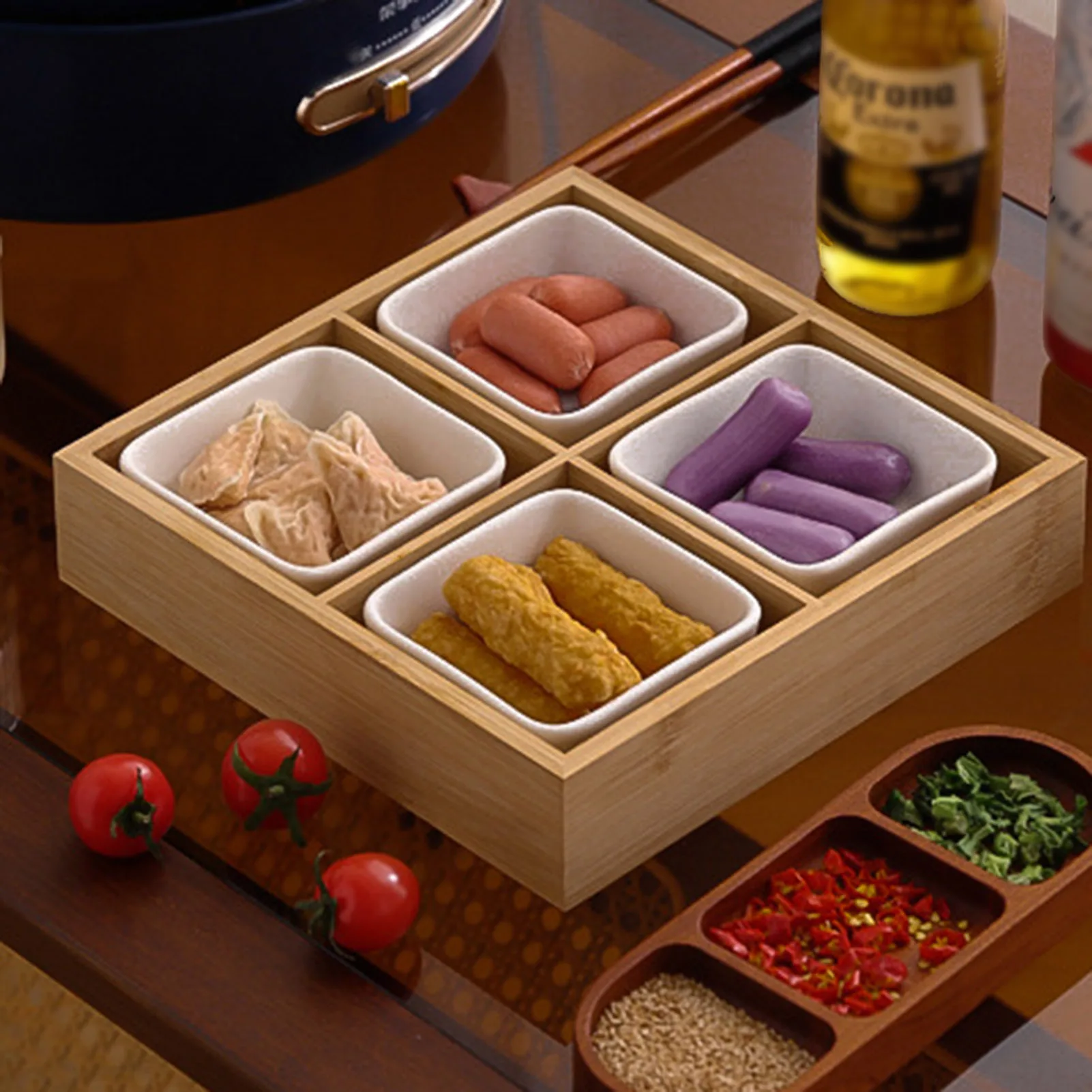 Multi Grid Divided Wooden Tray Safe Material Dried Fruit Food Storage Container Suitable for Family Dinner Home Warming