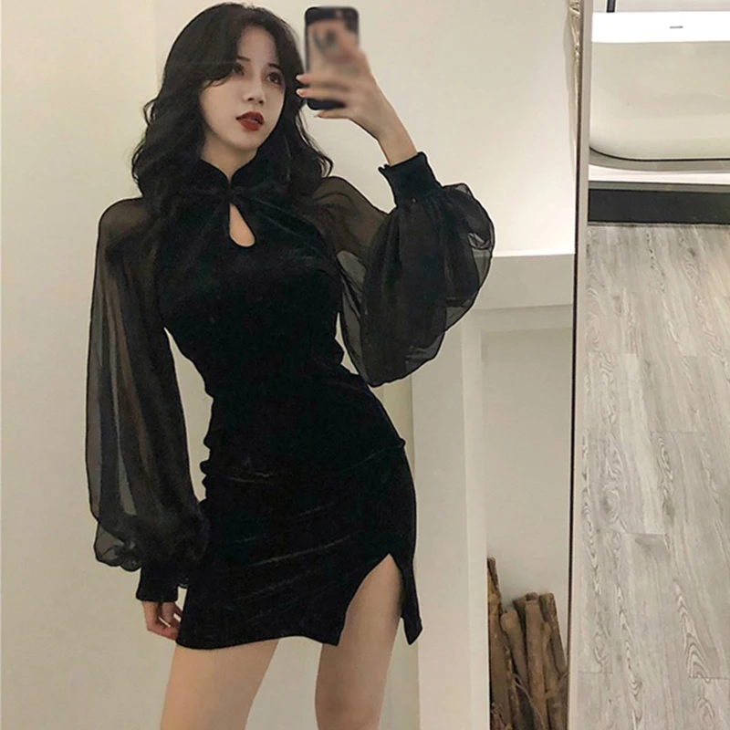 Autumn Women's Cheongsam Qipao Dress Velvet Side Split Lantern Sleeve ...