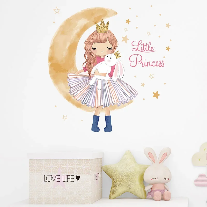 1pc Cartoon Girl Princess with Bunny Moon Wall Stickers for Girl Room ...