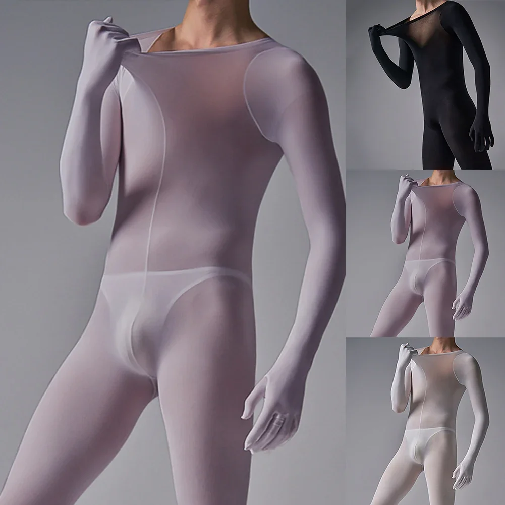 Mens Long Sleeve Bodysuit Leotard Solid Color Jumpsuit Male Bulge Pouch Underwear Transparent Underpants Sleepwear Nightwear